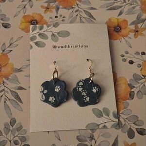 🆕️ Clay Teal/White Paw Print Stud Earrings w/ Drop Dangle Made by Local Artist